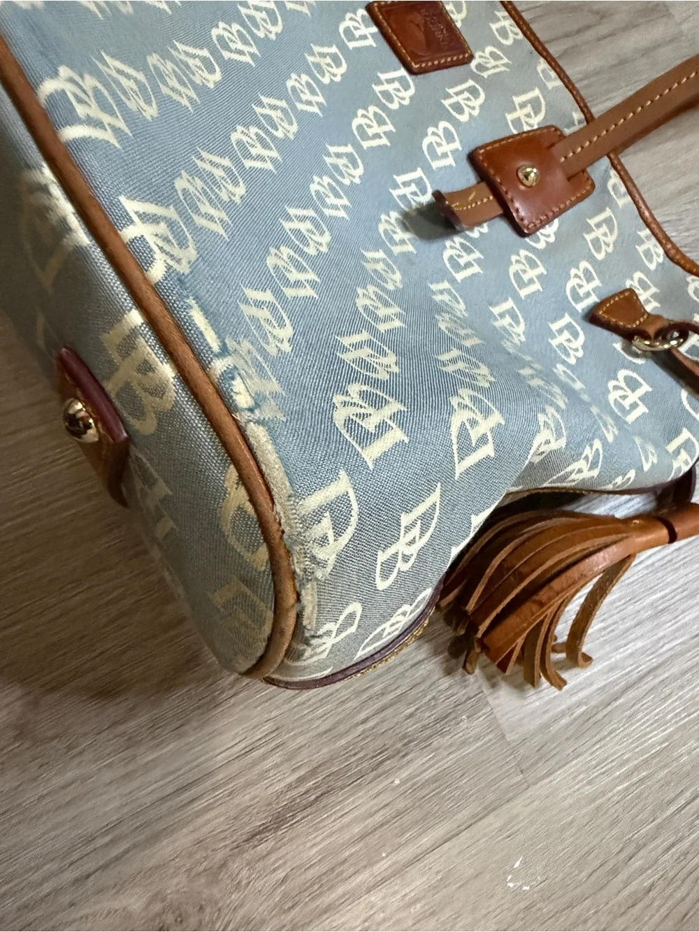 Dooney & Bourke Light Blue Monogram Tote with Brown Leather Trim